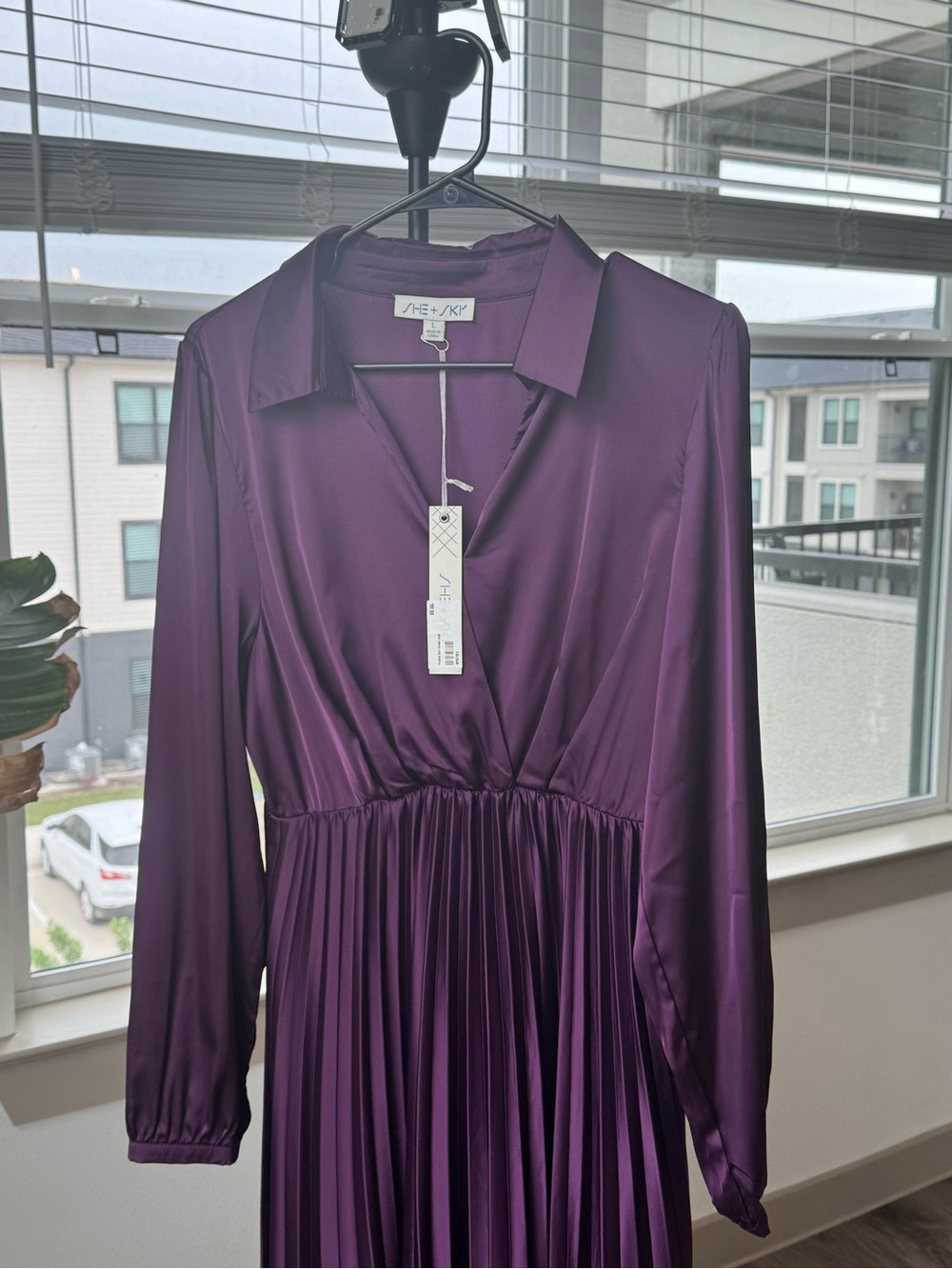 She + Sky Deep Plum Satin Long Sleeve Pleated Midi Dress